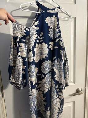 her. Clothing Blue and White Floral Halter Neck Cold Shoulder Dress